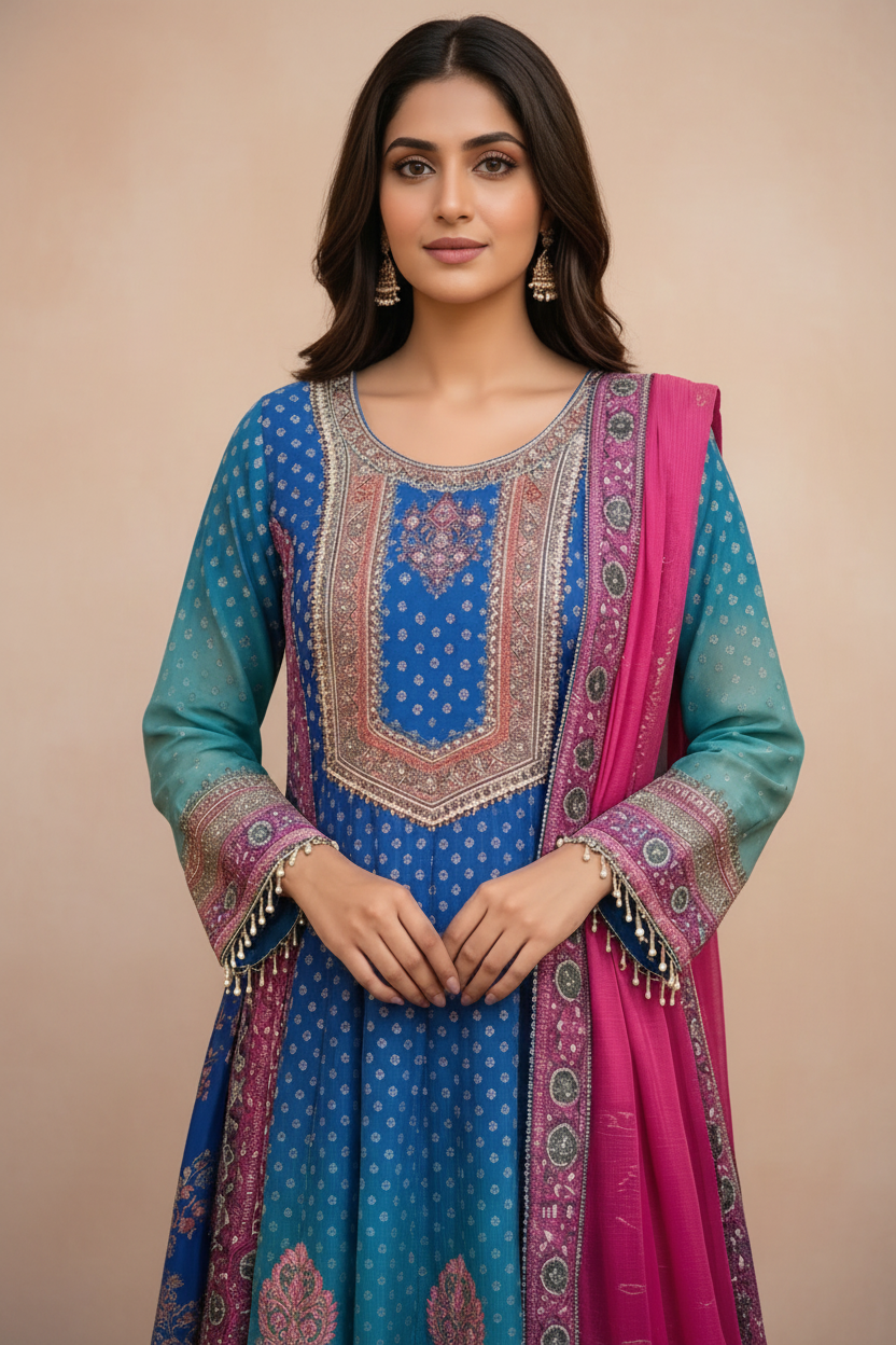 Blue Ombre Dola silk Anarkali Suit - set of 3
