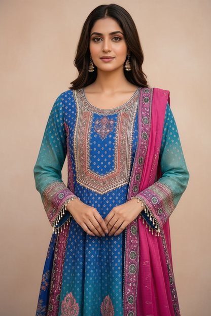 Blue Ombre Dola silk Anarkali Suit - set of 3