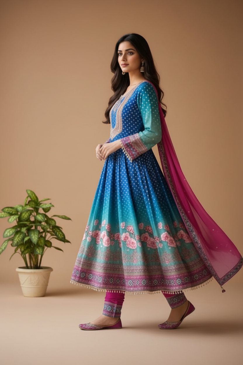 Blue Ombre Dola silk Anarkali Suit - set of 3