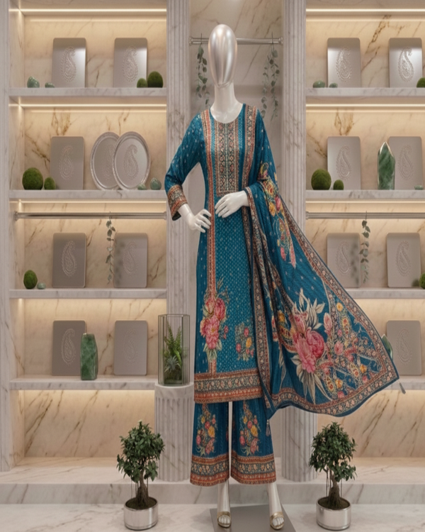 Peacock Blue Tarangini Silk suit set
