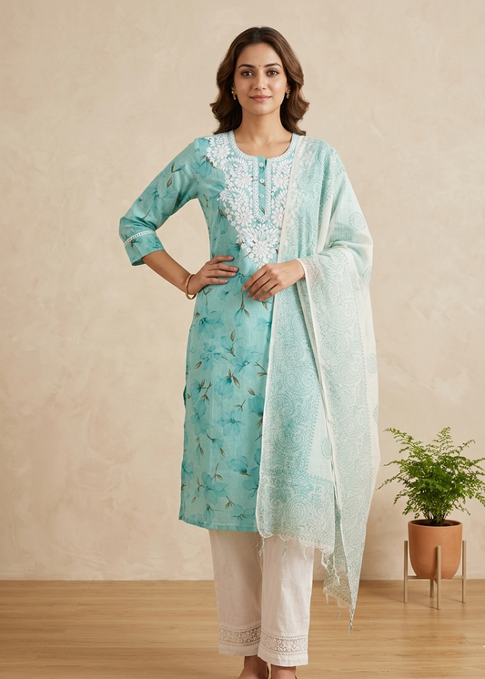 Blue Vini chikankari cotton suit set for women