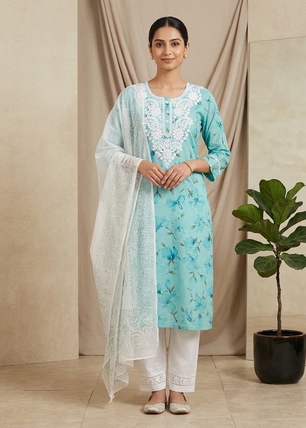 Women’s blue embroidered cotton chikankari kurta set
