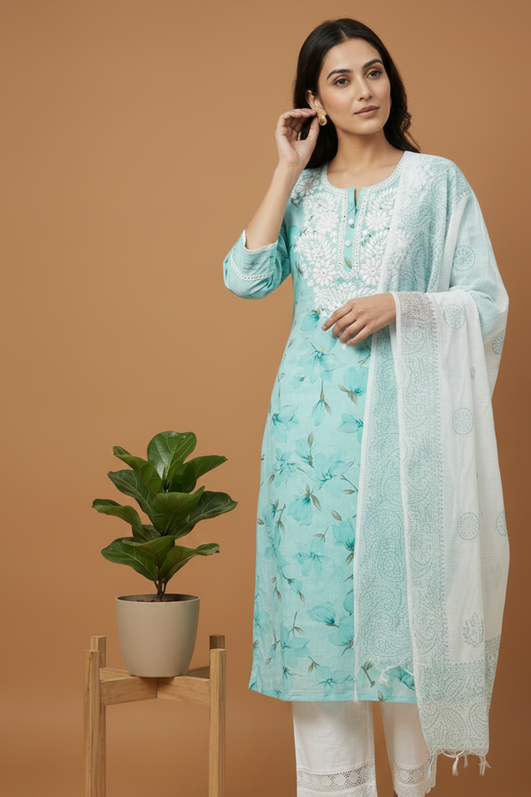 Women’s blue embroidered cotton chikankari kurta set