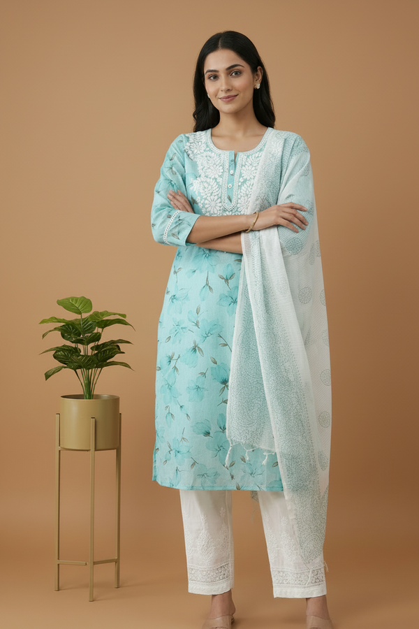 Elegant blue cotton chikankari suit set with dupatta