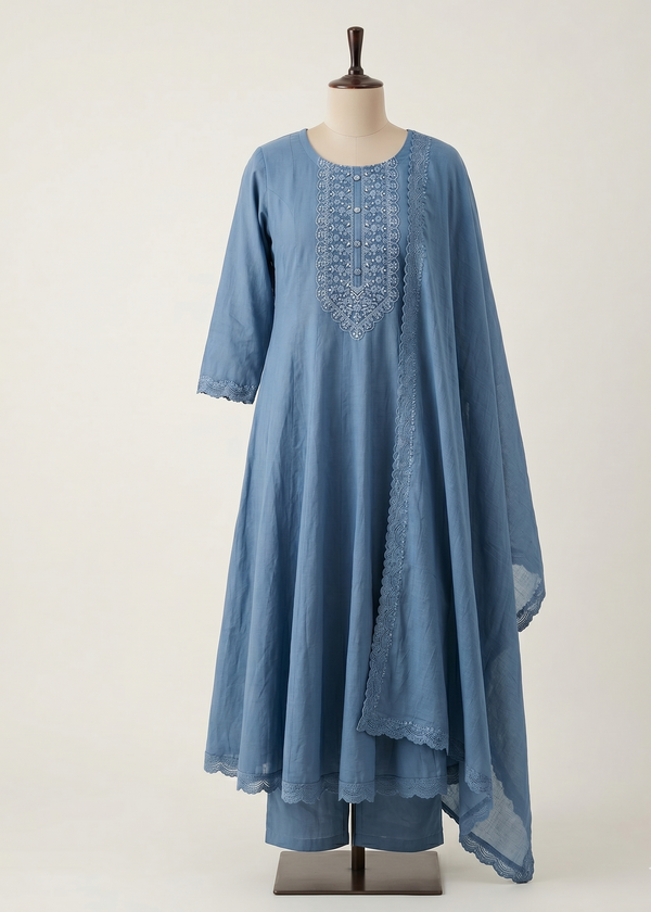Blue Vinni Mul chanderi Anarkali Suit