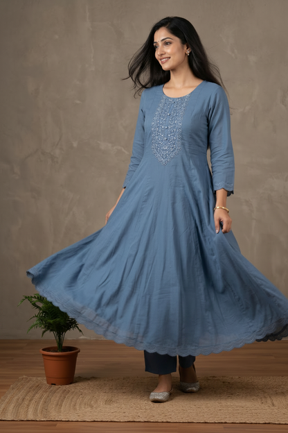 Blue Vinni Mul chanderi Anarkali Suit