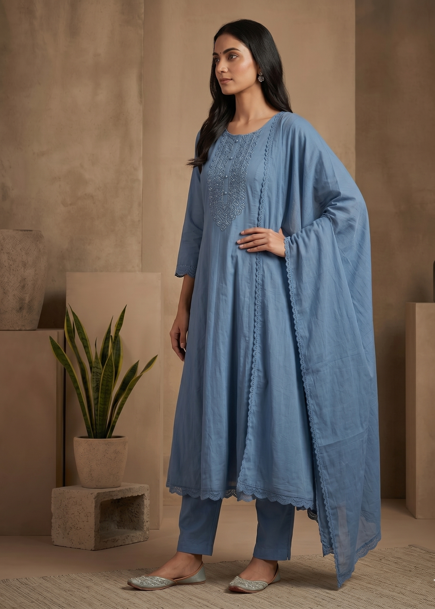 Blue Vinni Mul chanderi Anarkali Suit