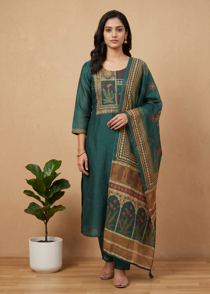 Bottle Green Rekha Kantha work Coral silk suit set - Set of 2