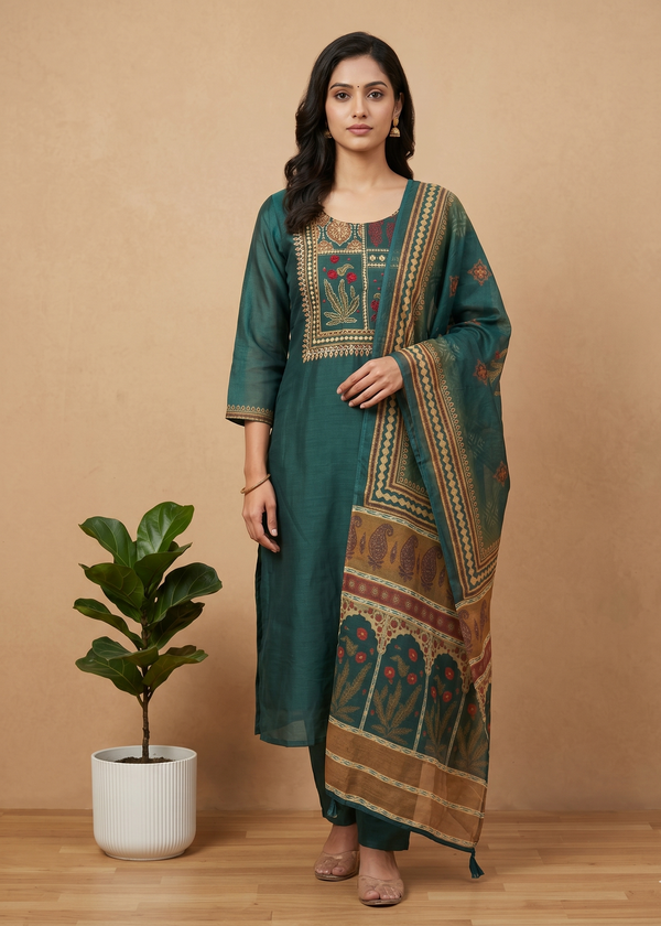 Bottle Green Rekha Kantha work Coral silk suit set - Set of 2