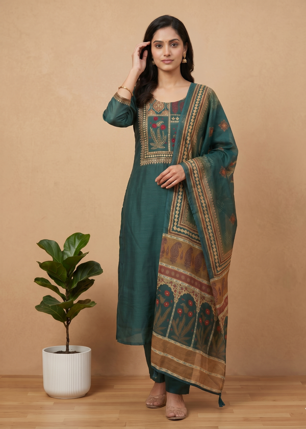 Bottle Green Rekha Kantha work Coral silk suit set - Set of 2