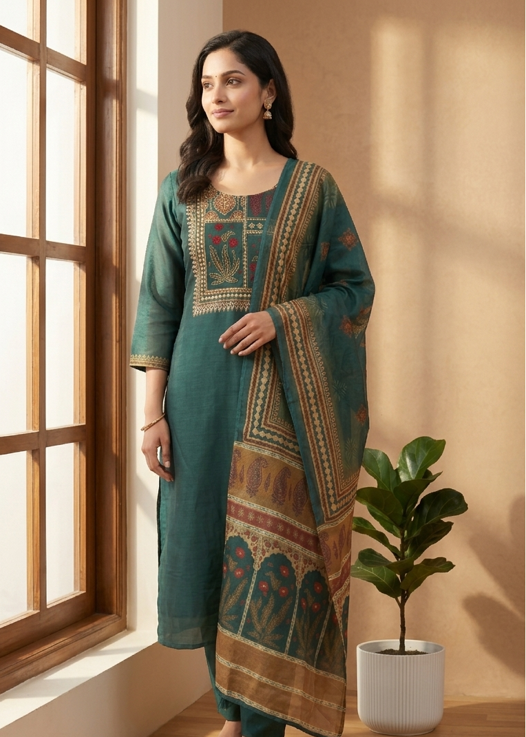 Bottle Green Rekha Kantha work Coral silk suit set - Set of 2
