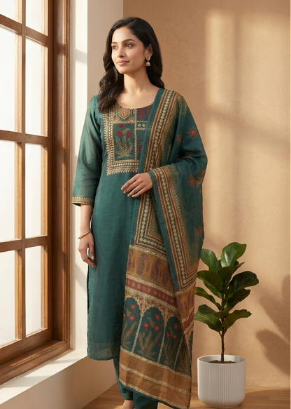 Bottle Green Rekha Kantha work Coral silk suit set - Set of 2