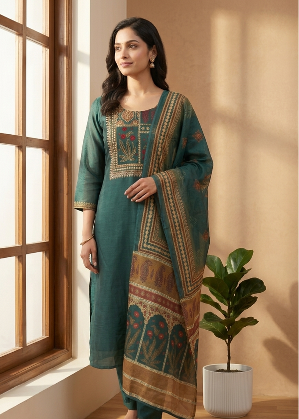 Bottle Green Rekha Kantha work Coral silk suit set - Set of 2