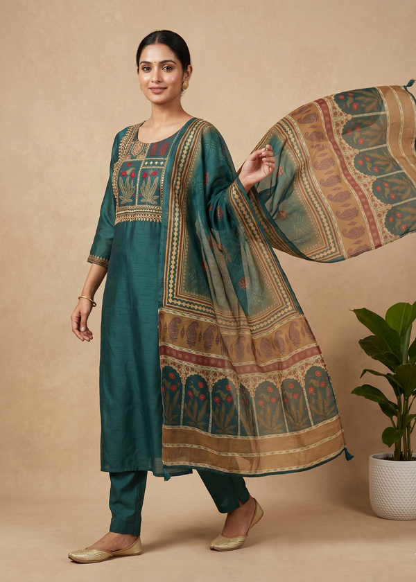 Bottle Green Rekha Kantha work Coral silk suit set - Set of 2