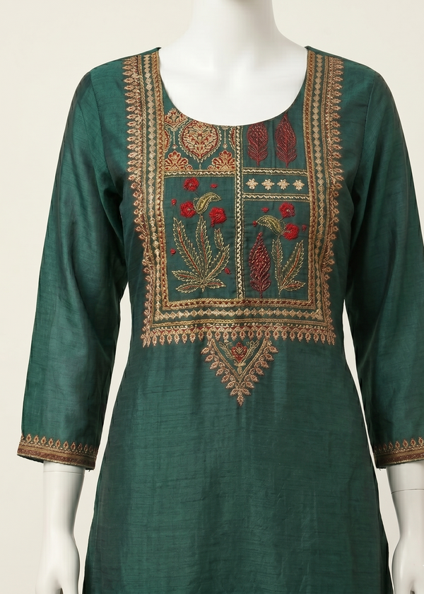 Bottle Green Rekha Kantha work Coral silk suit set - Set of 2