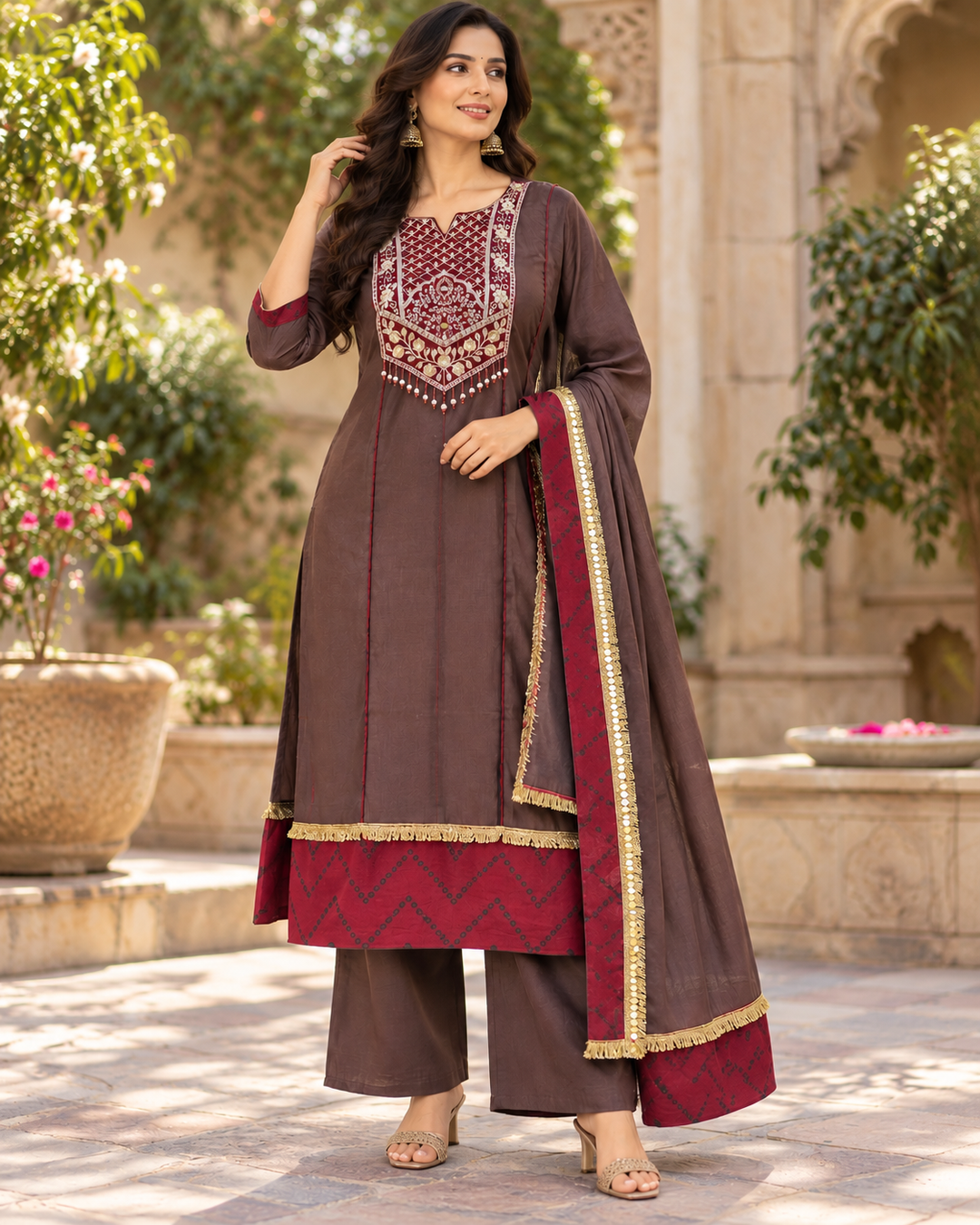 Brown Geeta Muslin Anarkali suit set