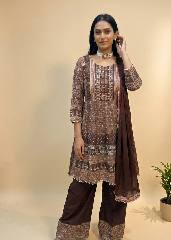 Brown Miral Crepe Short Anarkali -Set of 3