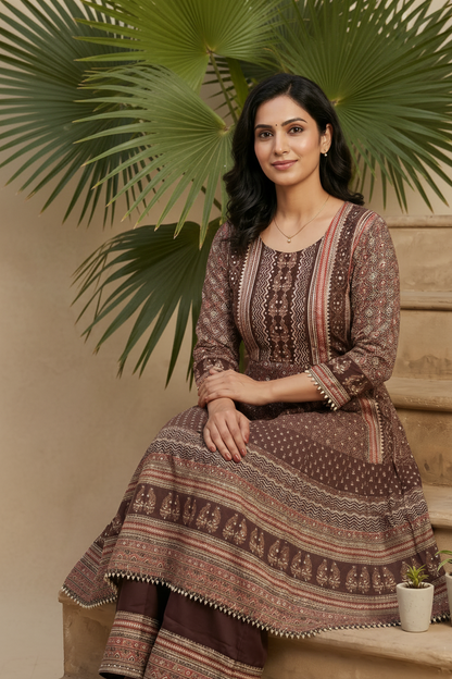 Brown Miral Crepe Short Anarkali -Set of 3