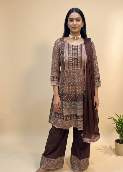 Brown Miral Crepe Short Anarkali -Set of 3