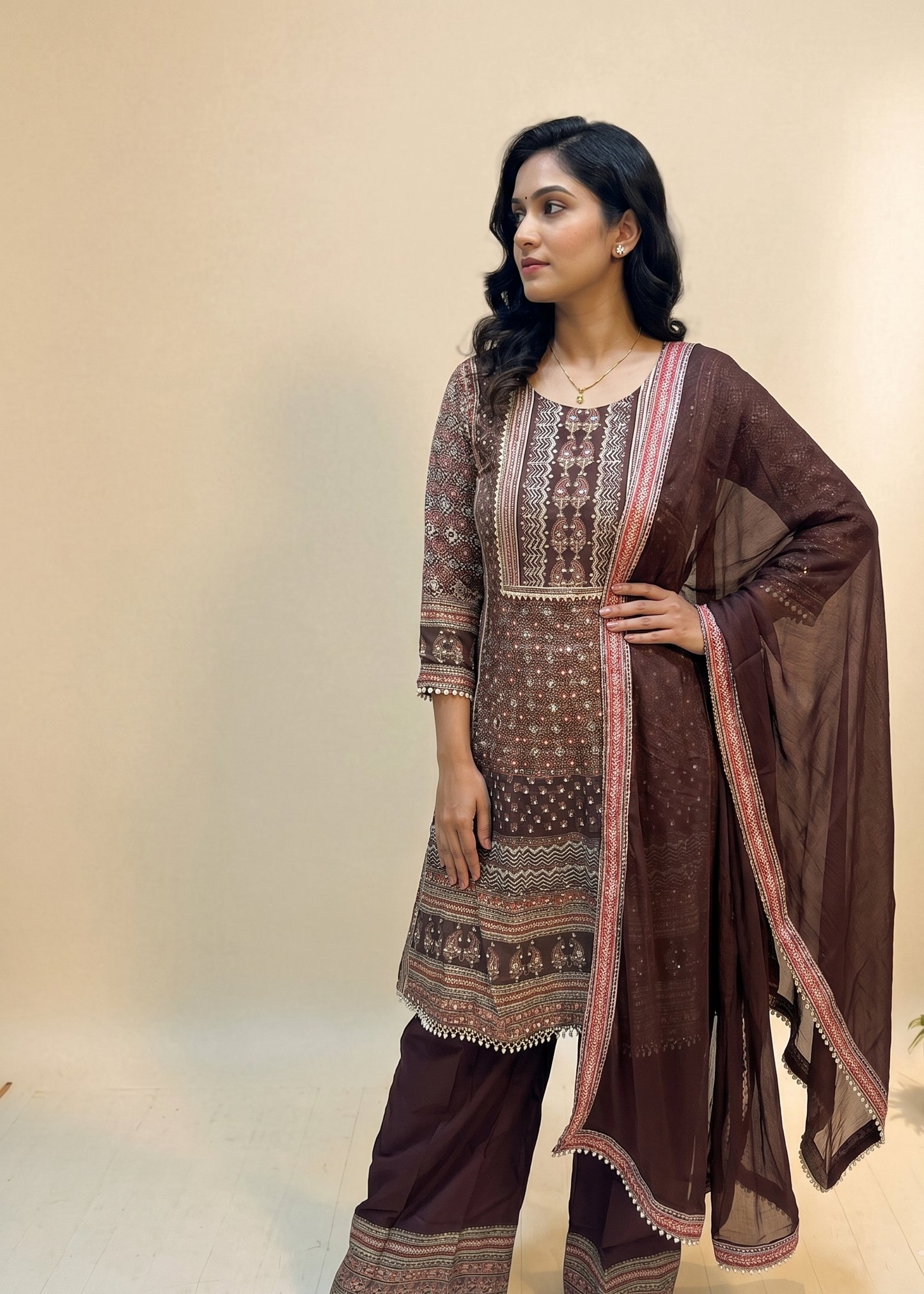Brown Miral Crepe Short Anarkali -Set of 3