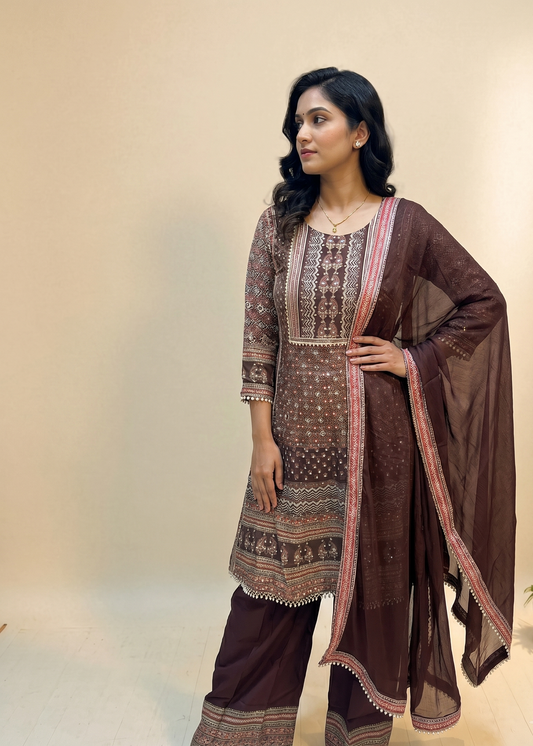 Brown Miral Crepe Short Anarkali -Set of 3