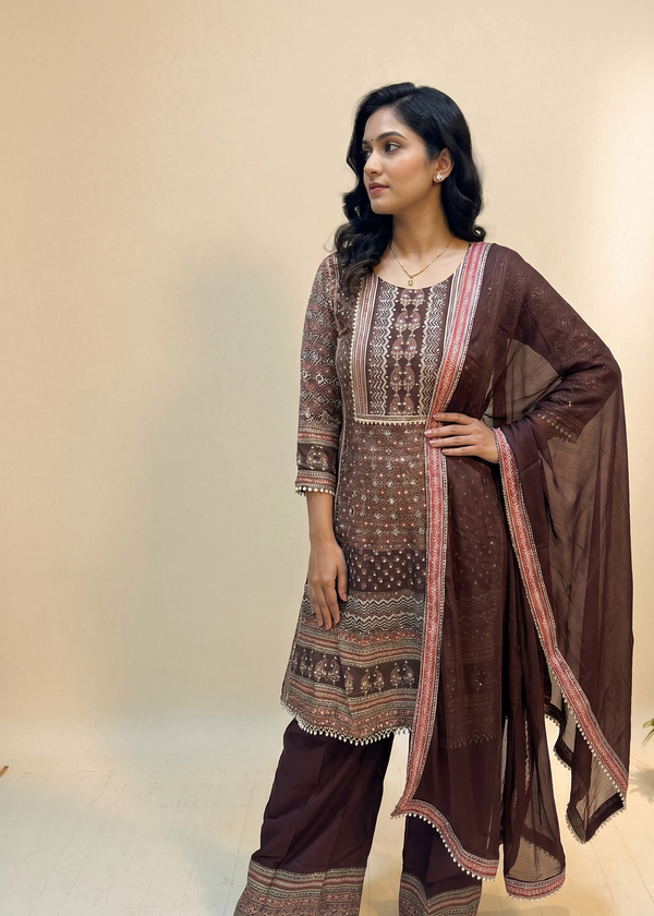 Brown Miral Crepe Short Anarkali -Set of 3