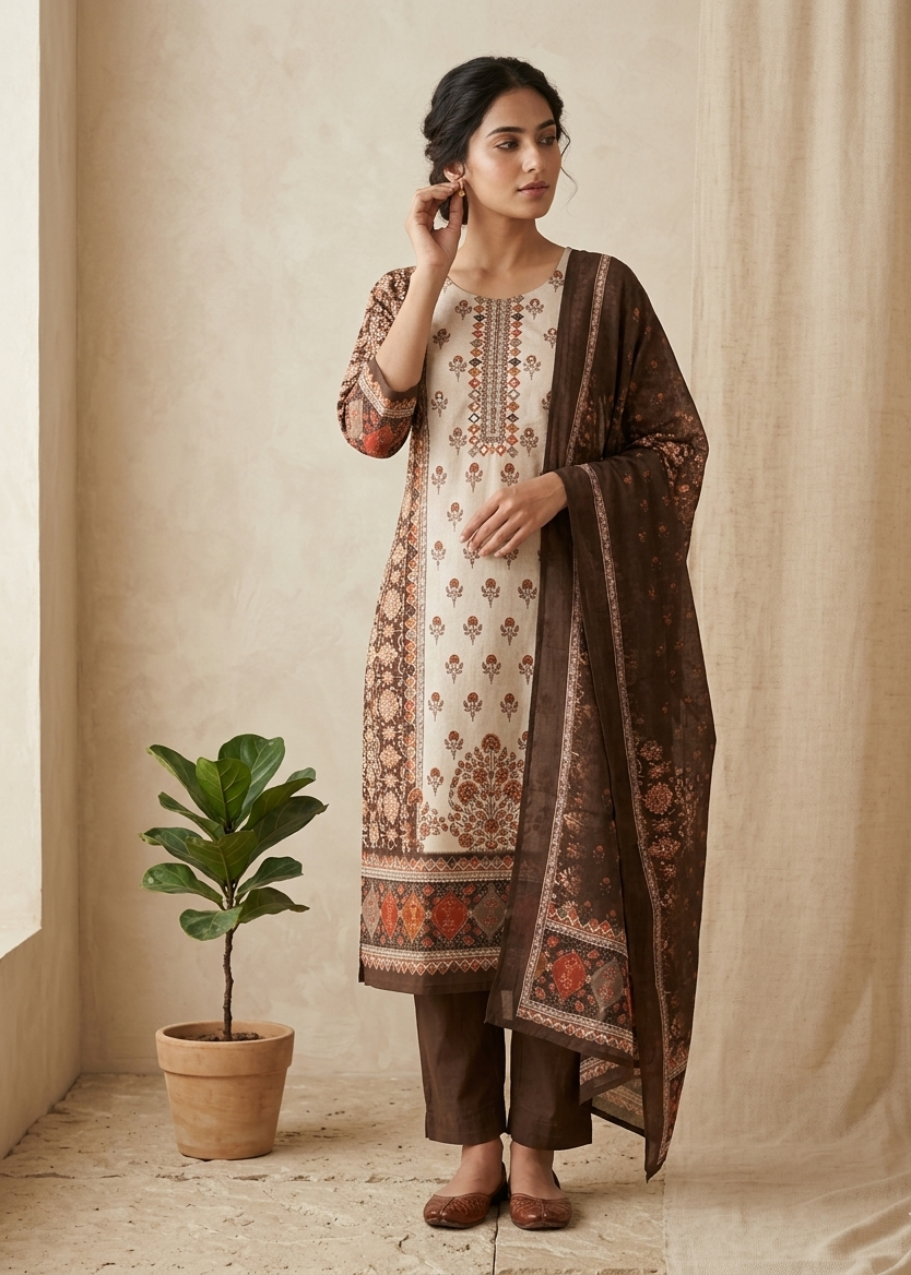Charvi Brown cotton Straight Suit Set With Duppata  - Best seller