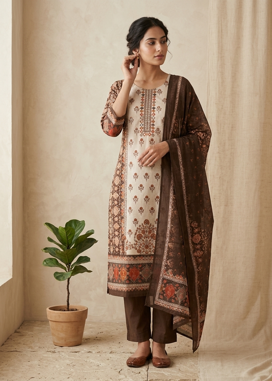 Charvi Brown cotton Straight Suit Set With Duppata  - Best seller