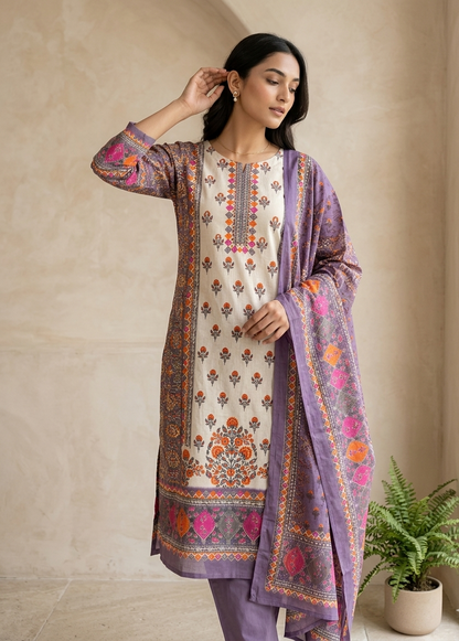 Lavender Charvi Cotton Straight Suit Set With Duppata - New Arrival