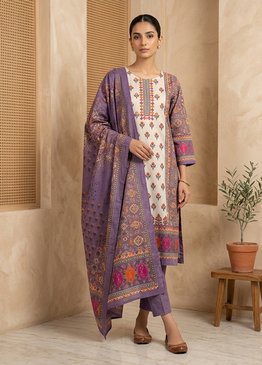 Lavender Charvi Cotton Straight Suit Set With Duppata - New Arrival