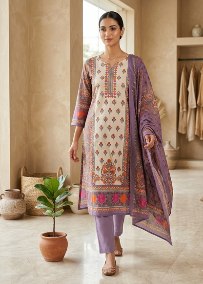 Lavender Charvi Cotton Straight Suit Set With Duppata - New Arrival