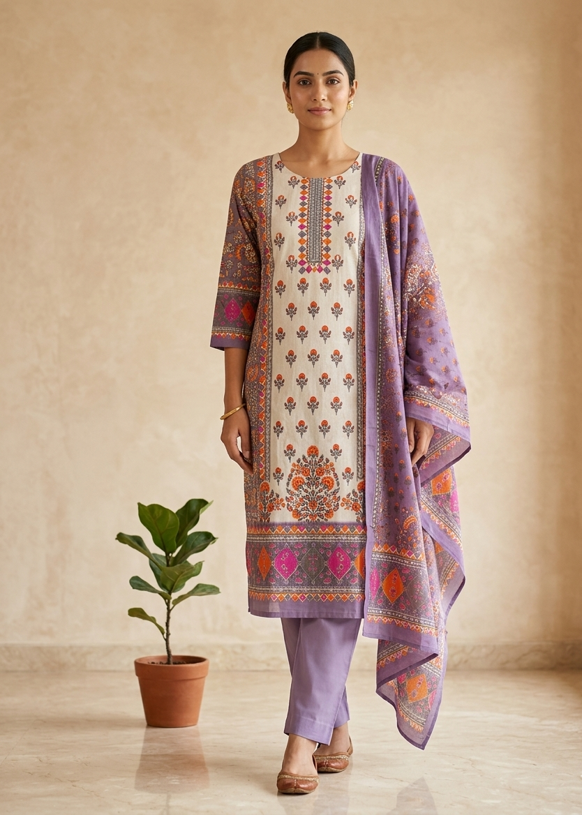 Lavender Charvi Cotton Straight Suit Set With Duppata - New Arrival