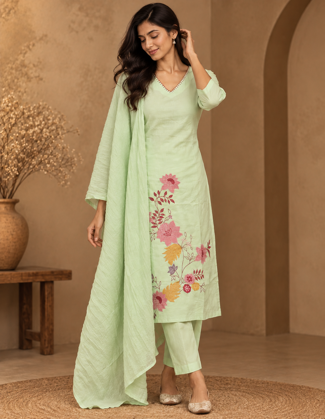 Green Kaya Cotton Applique Suit set - set of 3