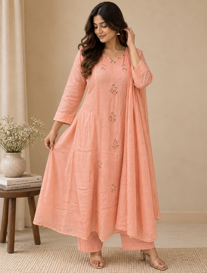 Peach Ridha Mul Chanderi A line Anarkali - set of 3