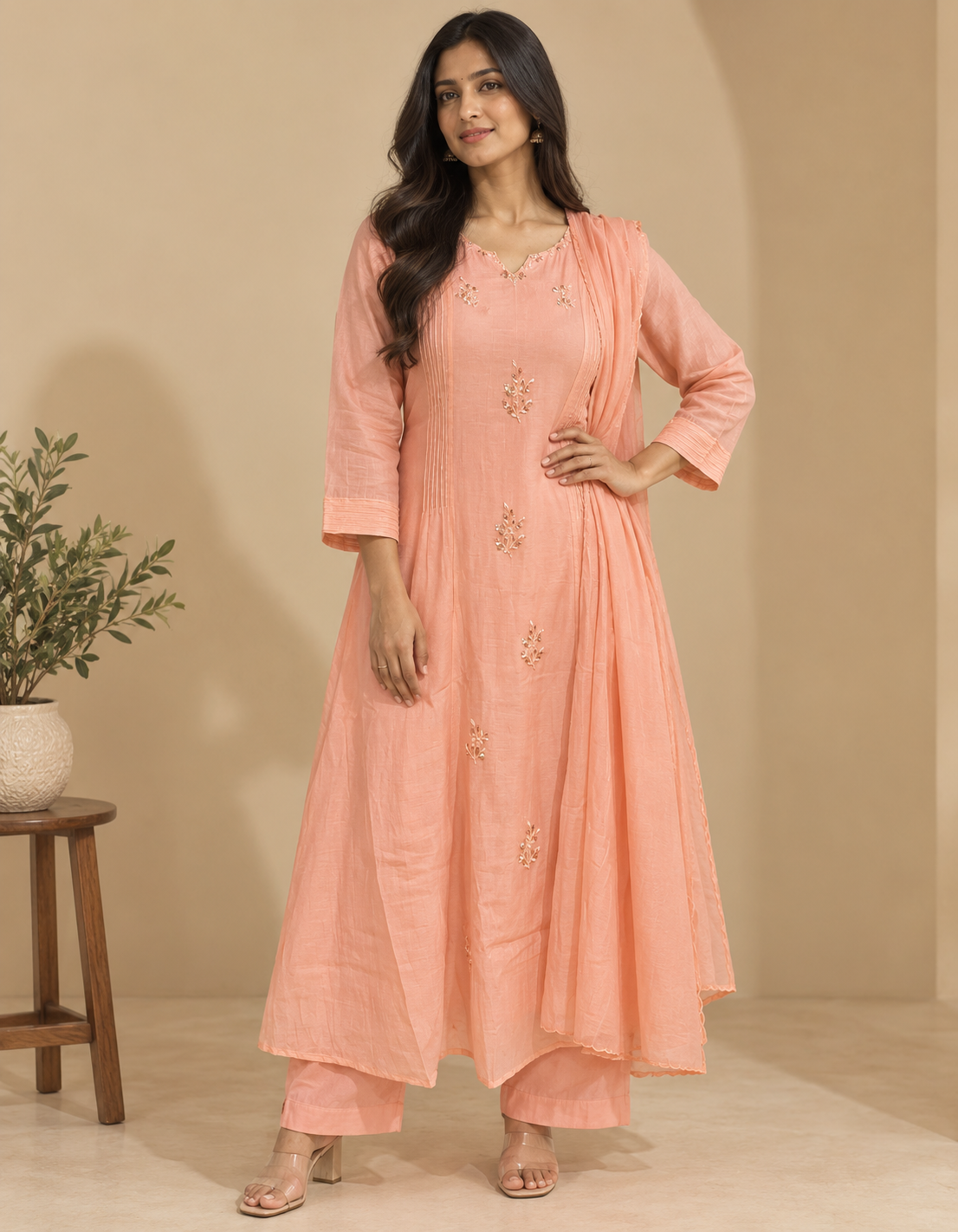 Peach Ridha Mul Chanderi A line Anarkali - set of 3