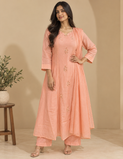 Peach Ridha Mul Chanderi A line Anarkali - set of 3
