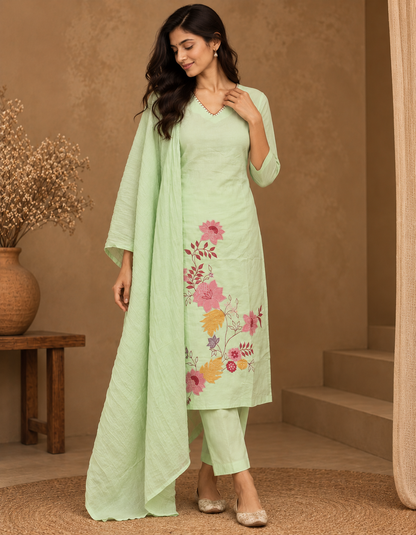 Green Kaya Cotton Applique Suit set - set of 3