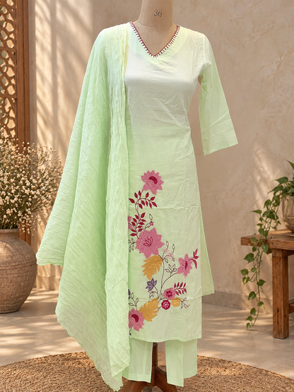 Green Kaya Cotton Applique Suit set - set of 3