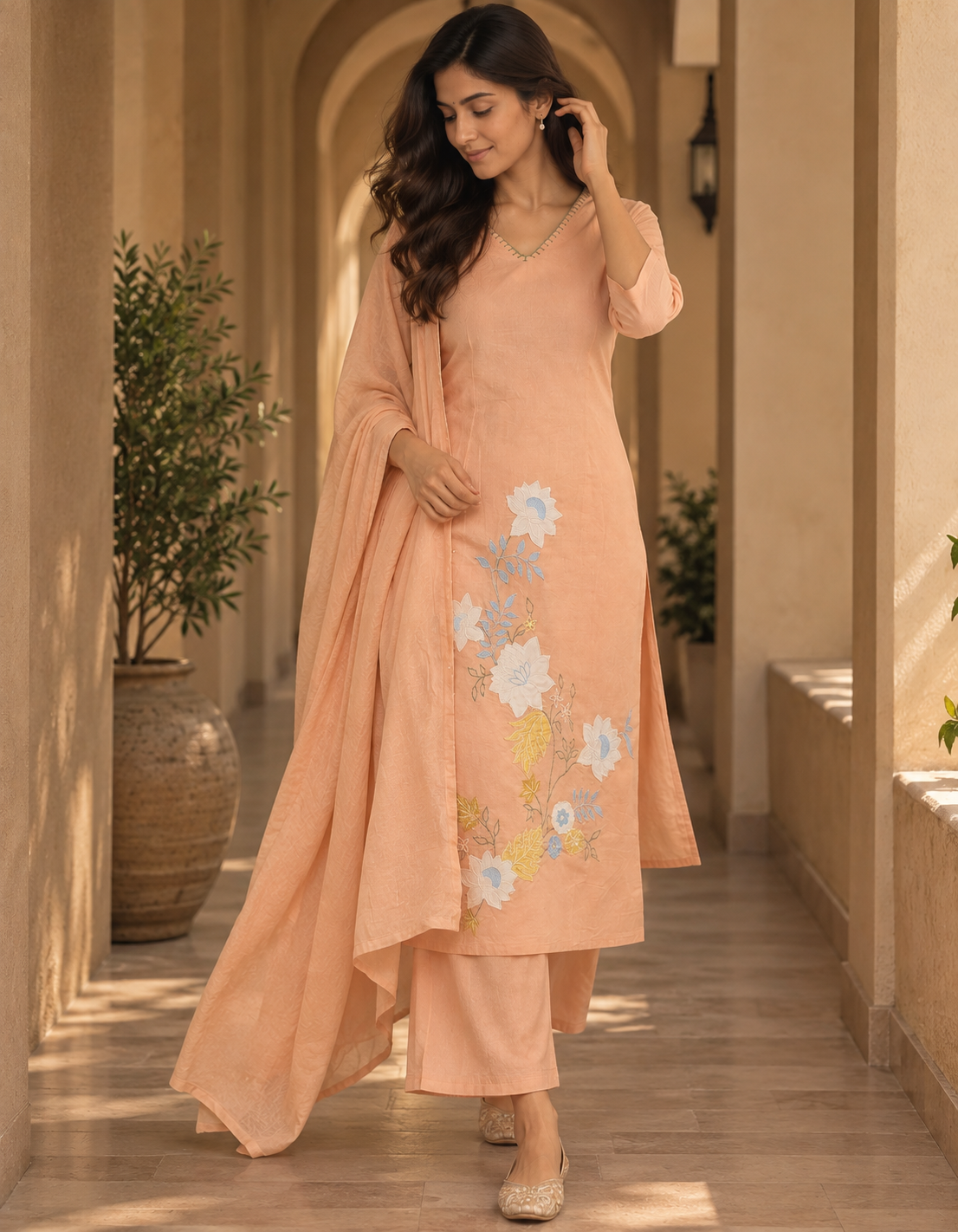 Peach Kaya Cotton Applique Suit set - set of 3