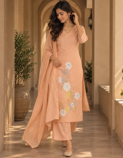 Peach Kaya Cotton Applique Suit set - set of 3