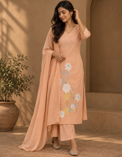 Peach Kaya Cotton Applique Suit set - set of 3