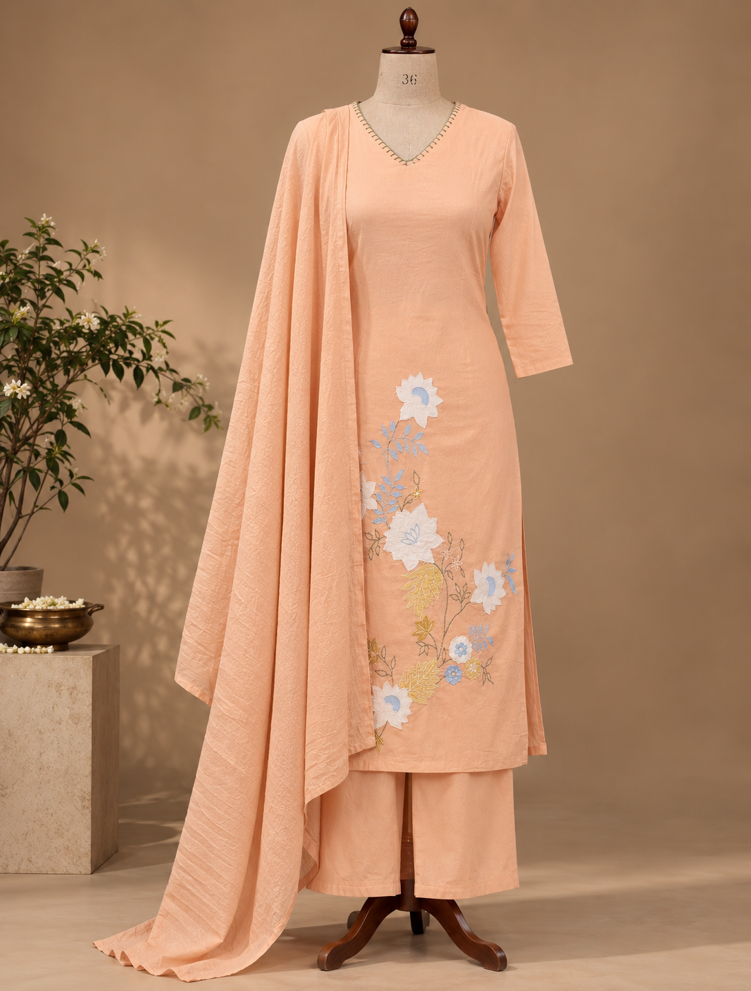 Peach Kaya Cotton Applique Suit set - set of 3