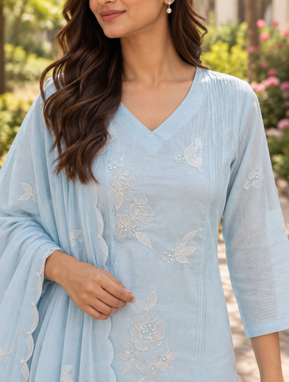 Sky Blue Mul chanderi A line Embroidery outfit - set of 3