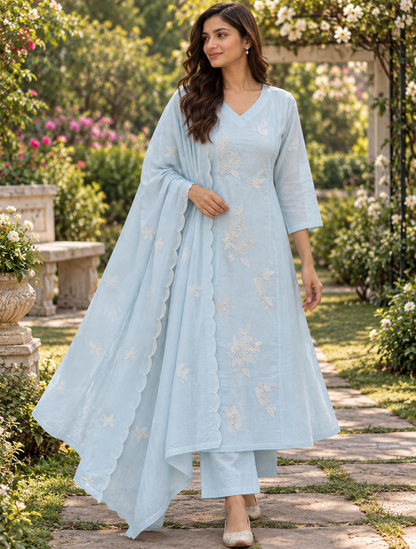 Sky Blue Mul chanderi A line Embroidery outfit - set of 3