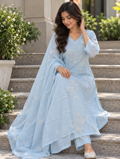 Sky Blue Mul chanderi A line Embroidery outfit - set of 3