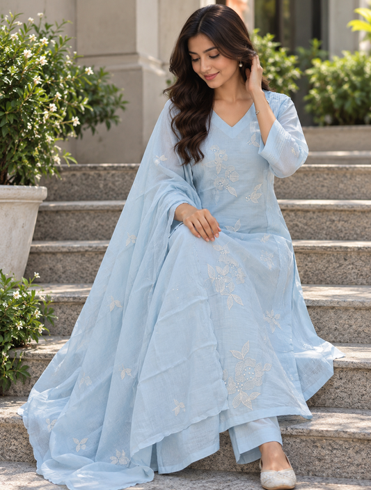Sky Blue Mul chanderi A line Embroidery outfit - set of 3