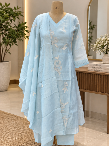 Sky Blue Mul chanderi A line Embroidery outfit - set of 3