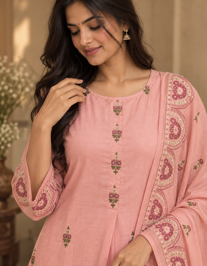 Blush Pink Kirya Mul Cotton Suit Set With Dupatta