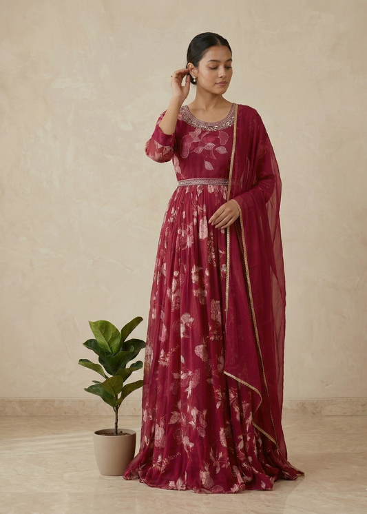 Cherry Red Ekta chinon silk Gown - set of 2