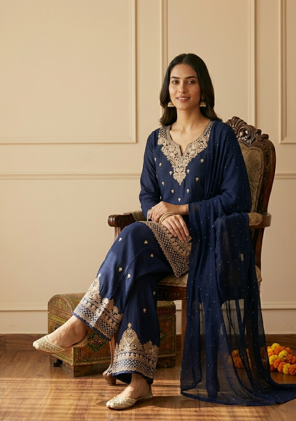 Navy Blue Amina Chinon Short Kurti